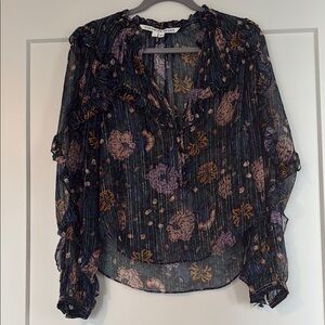 Veronica Beard Black and Blue Pleated Blouse with Ruffled Sleeves